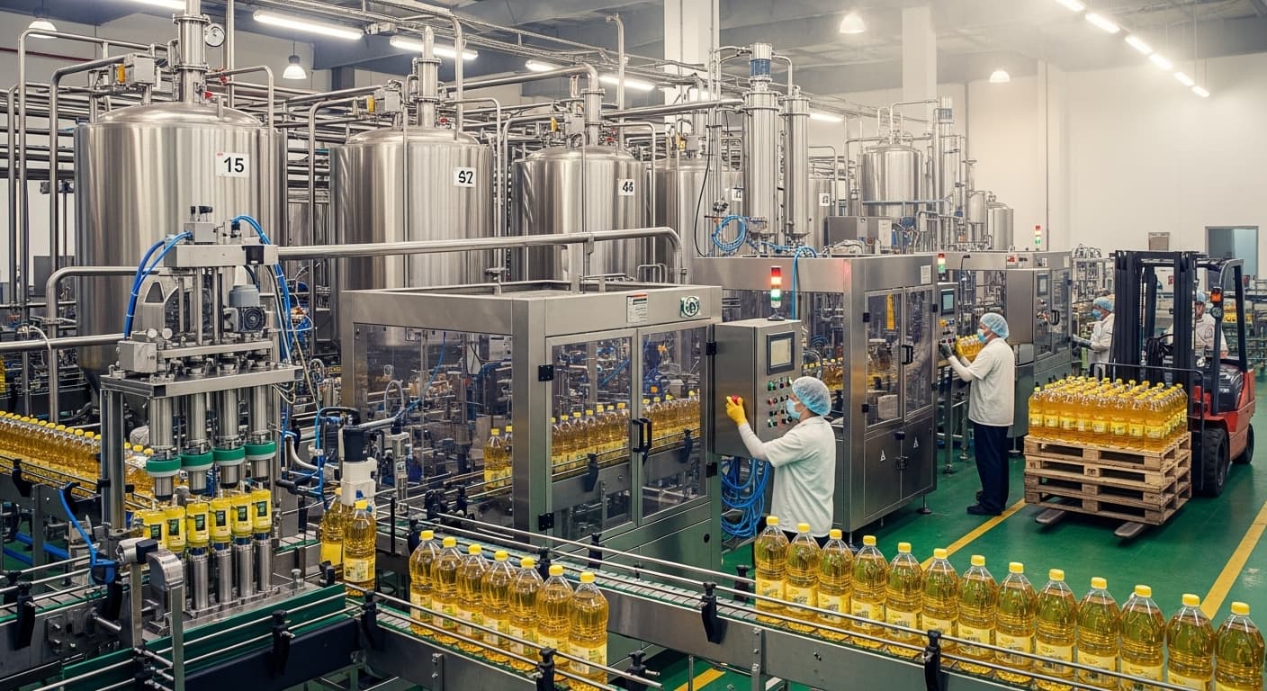 A production line for refined sunflower oil (AI-generated image).
