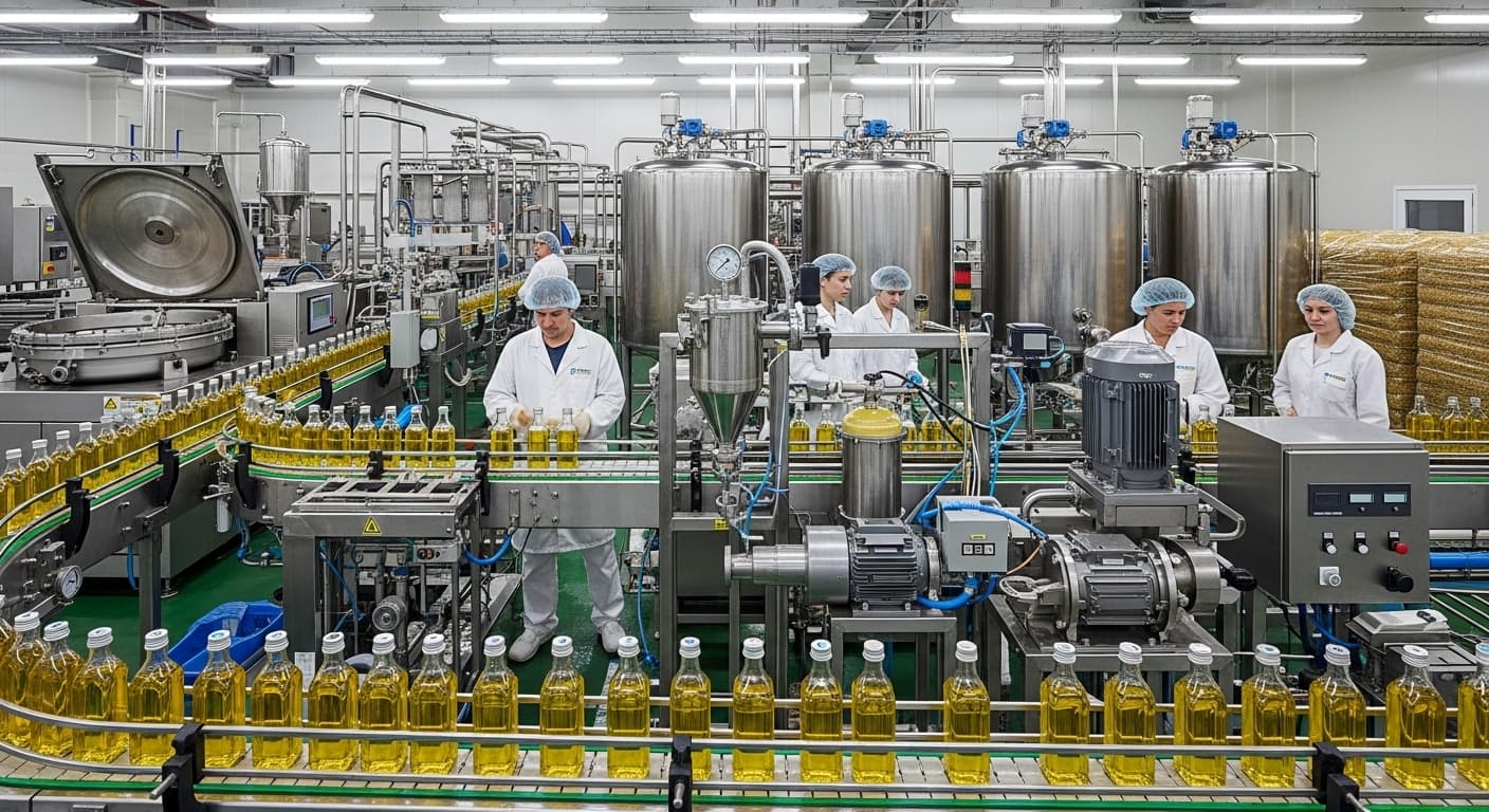 Línea de producción de aceite de girasol refinado (imagen generada por IA).