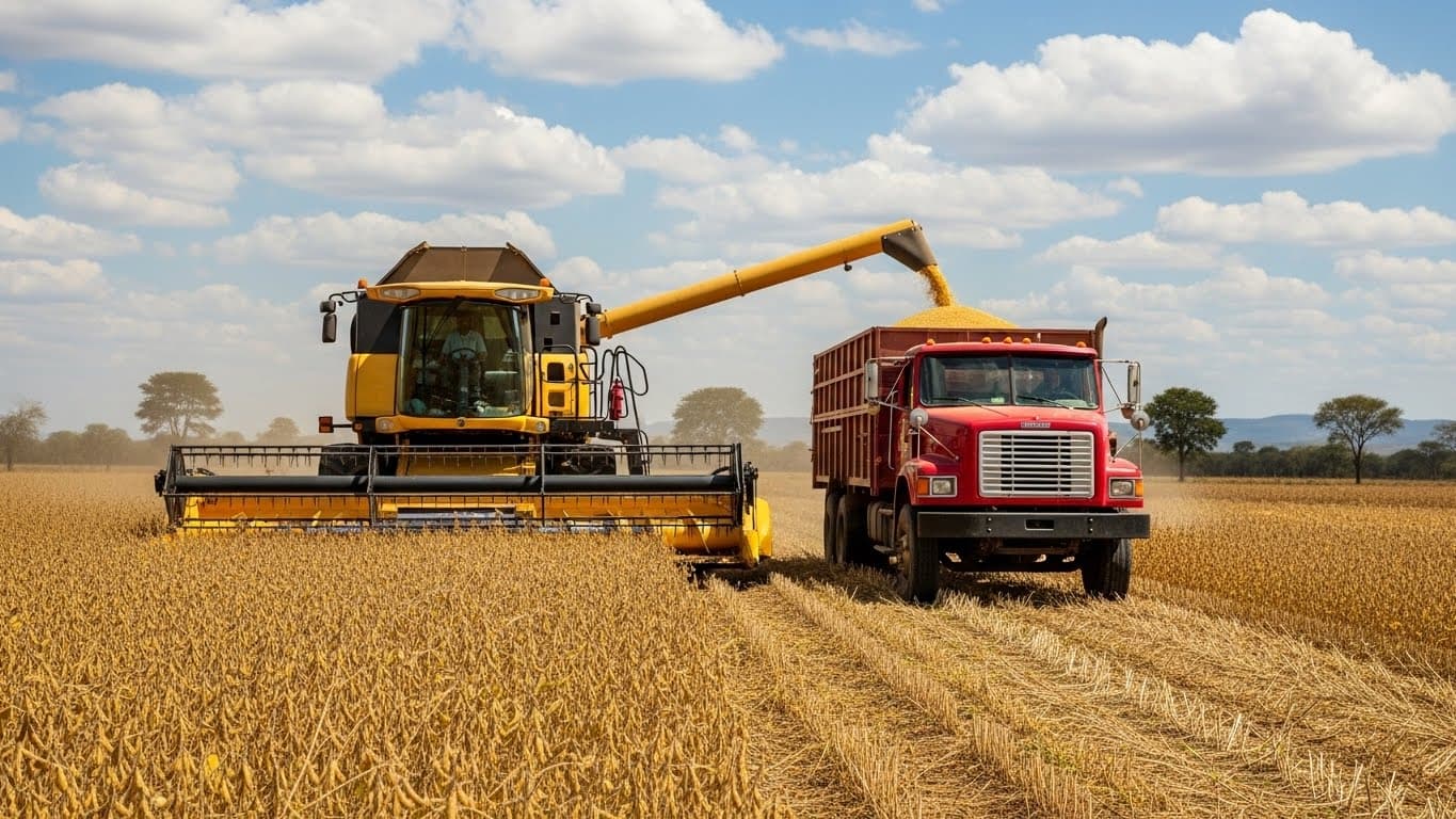 Cosecha de soja en Nigeria con una cosechadora y un camión (imagen generada por IA)