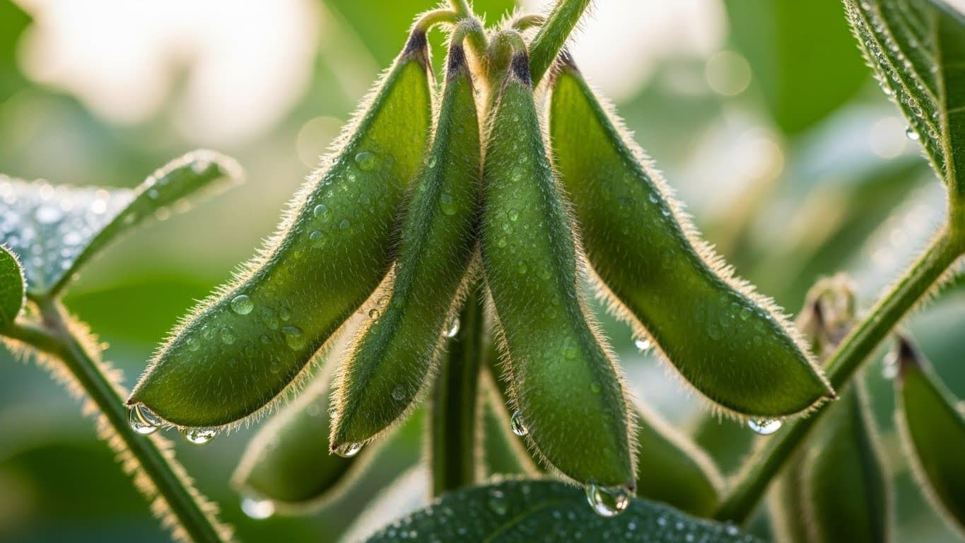 Foto macro en primer plano 4K de vainas de soja no modificada genéticamente (variedad TGX) en la planta (imagen generada por IA)