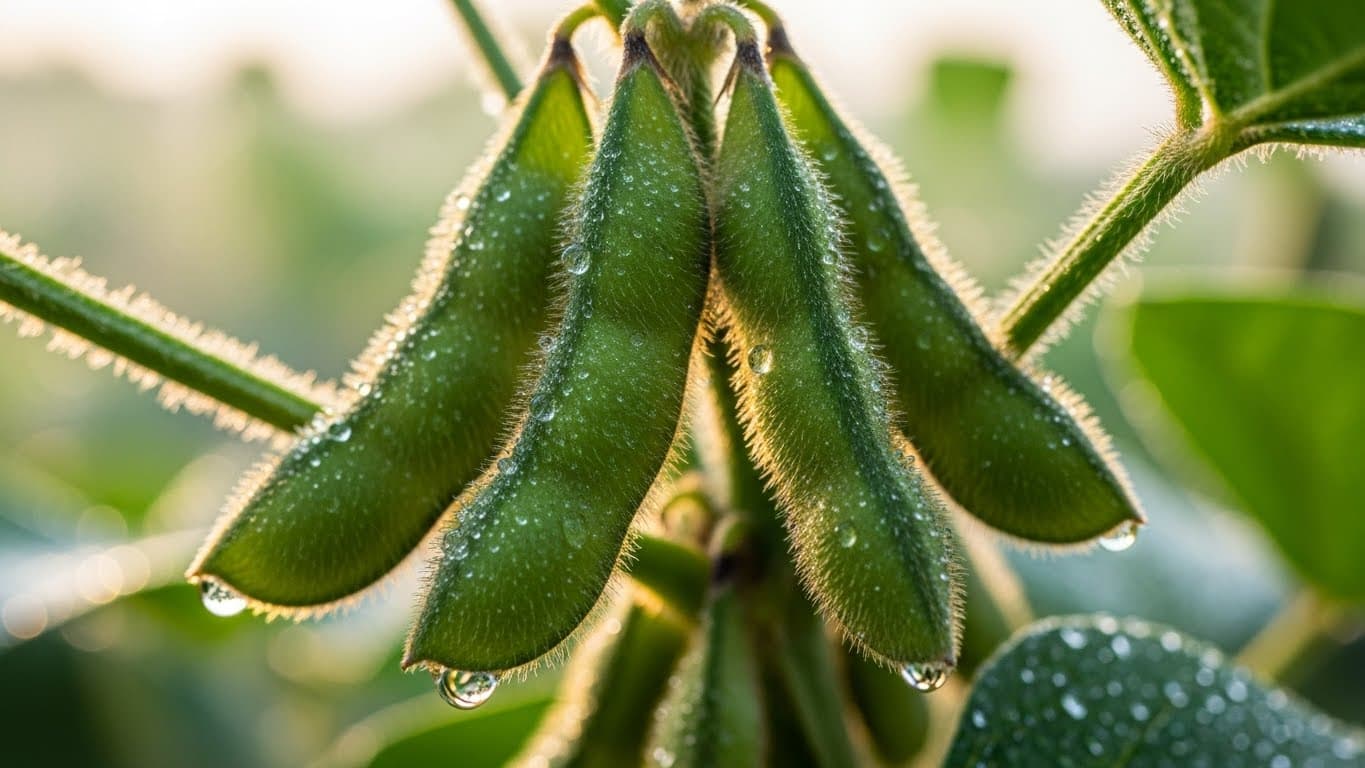 非GMO大豆（TGX品種）が植物上で実っている様子を捉えたクローズアップのマクロ4K写真（AI生成画像）