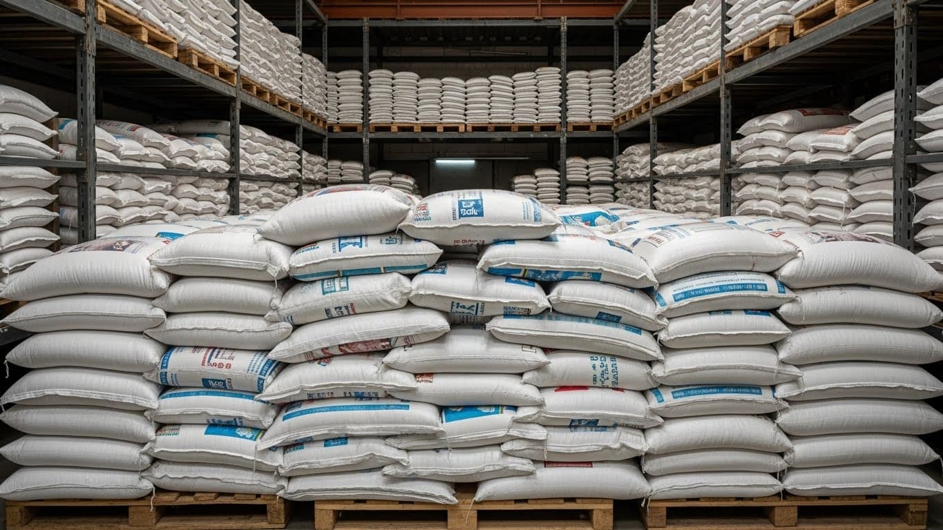 A warehouse containing bags of basmati rice in India (AI-generated image).