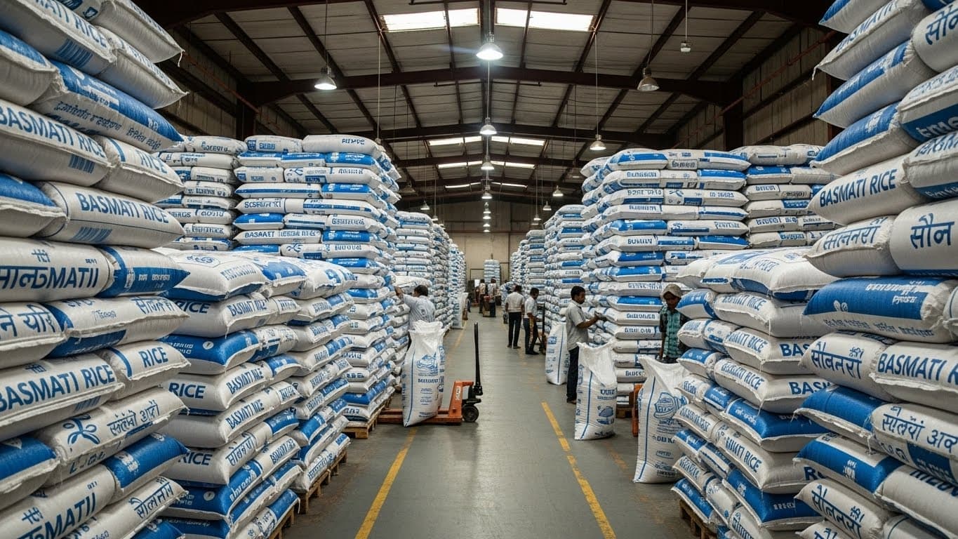 Un almacén que contiene sacos de arroz basmati en la India (imagen generada por IA).