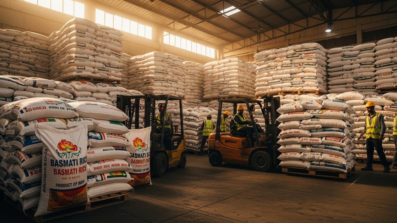 Un entrepôt contenant des sacs de riz basmati en Inde (image générée par l'IA).