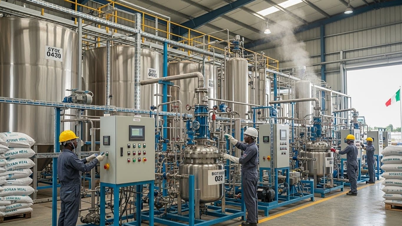 Dây chuyền sản xuất biodiesel chuyển đổi dầu đậu nành thô thành biodiesel (hình ảnh được tạo bởi AI)