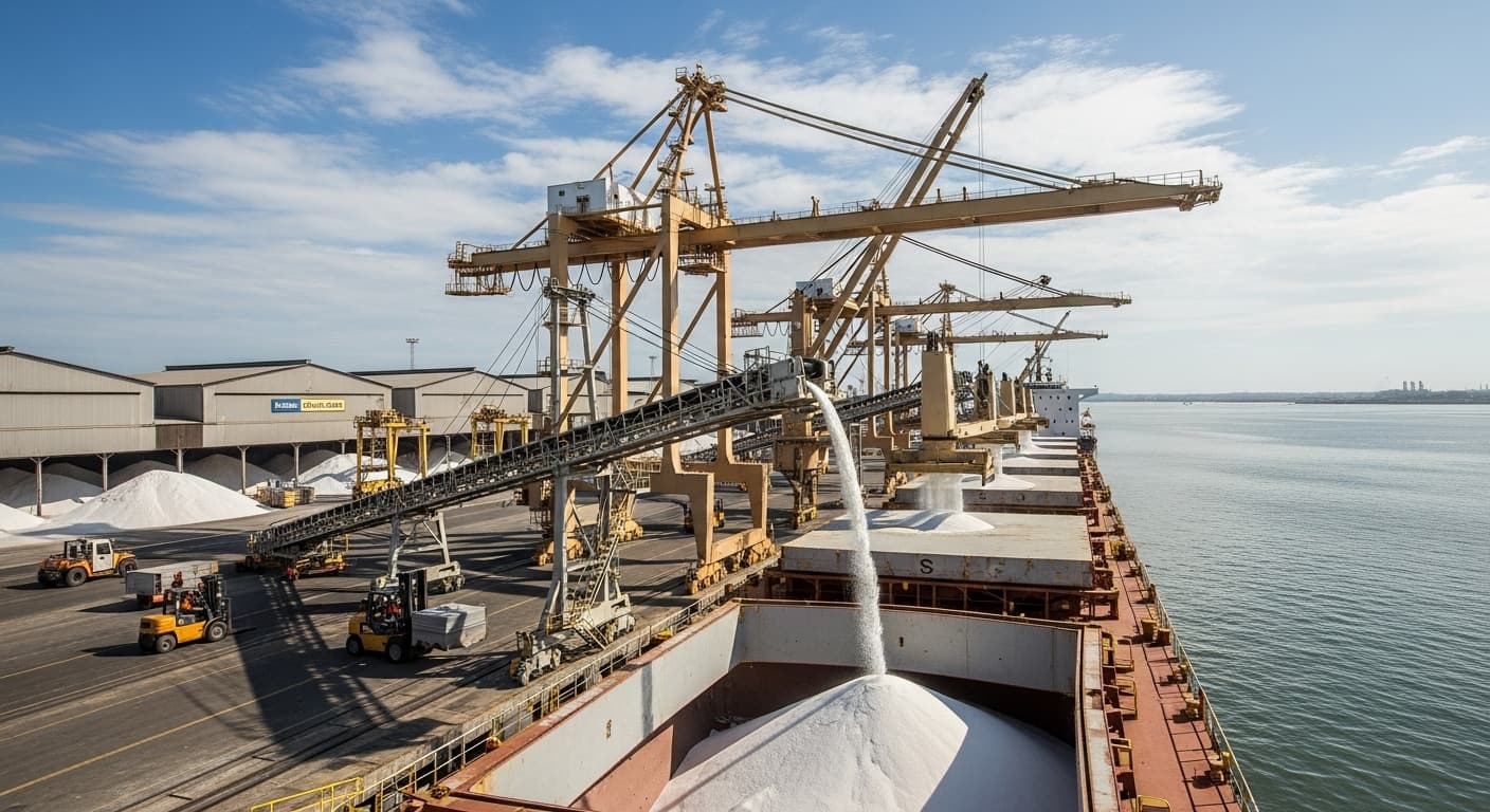 Chargement de sucre en vrac dans un terminal portuaire au Brésil (image générée par IA)