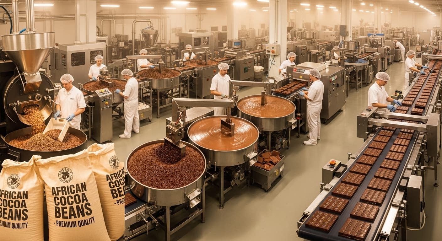 Ligne de production de chocolat utilisant des fèves de cacao africaines (image générée par IA)