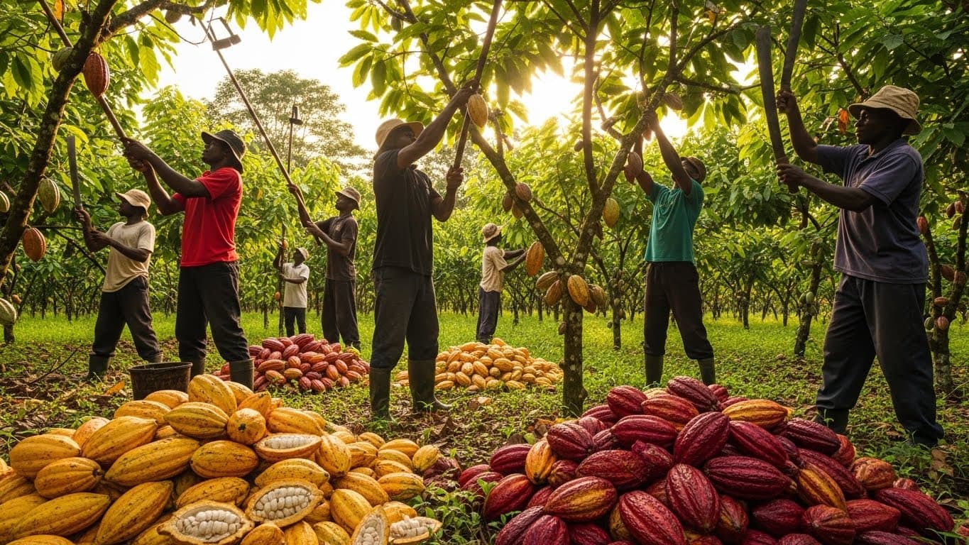 Cocoa farmers are harvesting ripe pods in Ghana (AI-generated image).