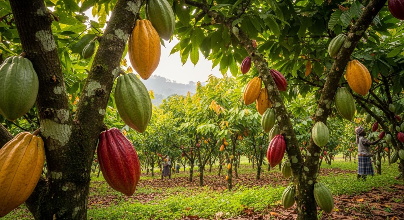 Cosses de cacao poussant sur des arbres dans une plantation en Côte d’Ivoire (image générée par IA)