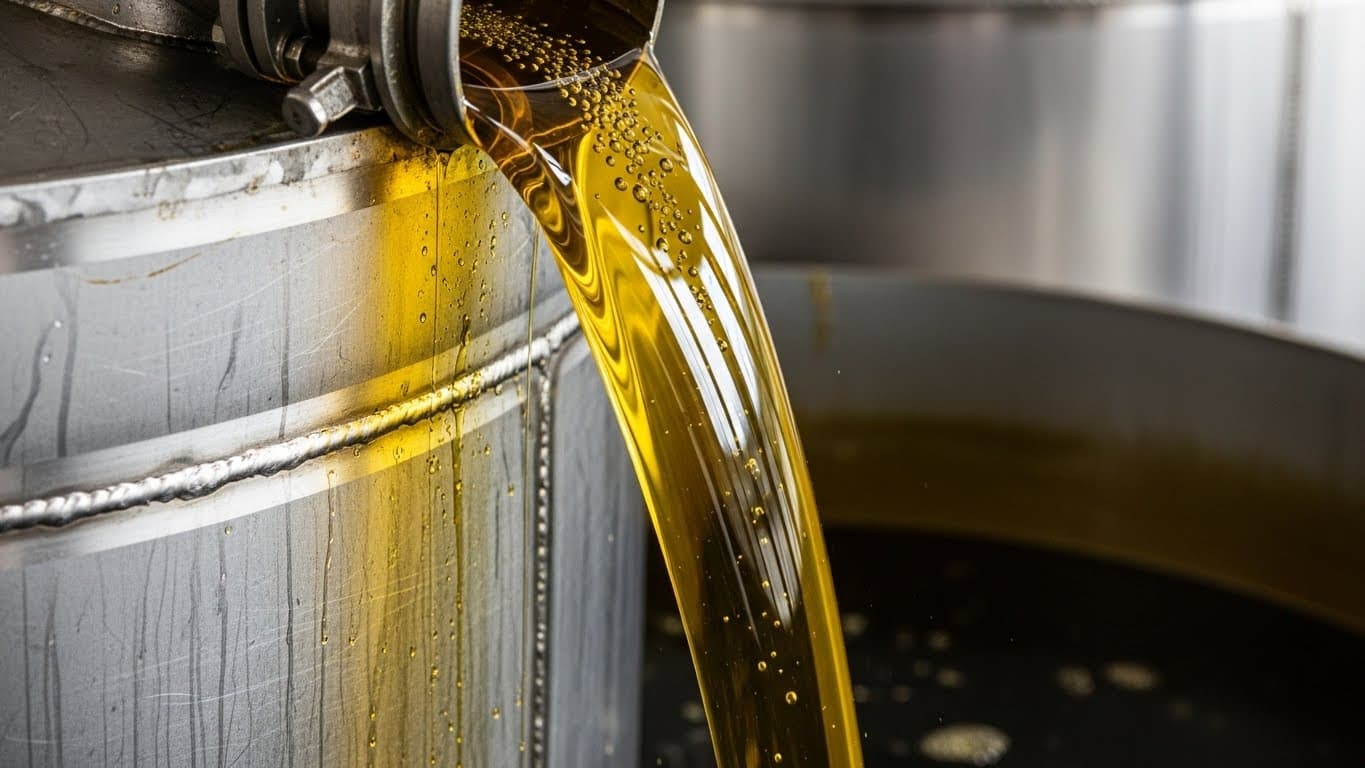 Huile brute de tournesol pompée d'un réservoir en acier inoxydable vers un réservoir de stockage (image générée par IA).