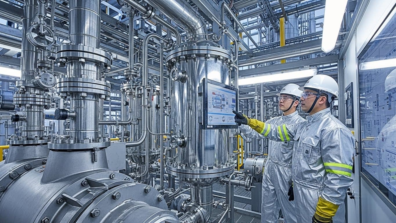 Equipo de filtración de aceite de girasol en una refinería, con técnicos con EPP supervisando pantallas (imagen generada por IA)