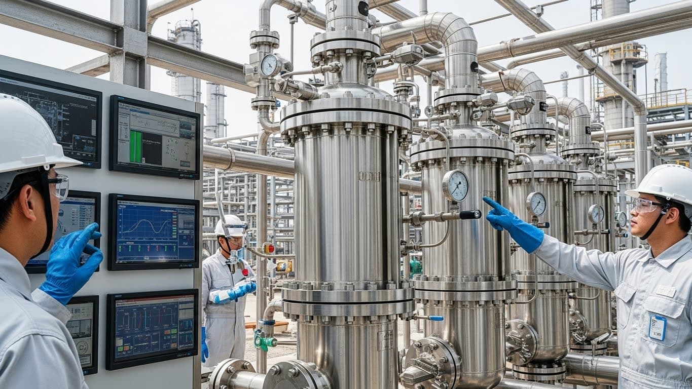 Apparecchiatura di filtrazione dell'olio di girasole in una raffineria, con tecnici in DPI che monitorano gli schermi (immagine generata dall'IA)