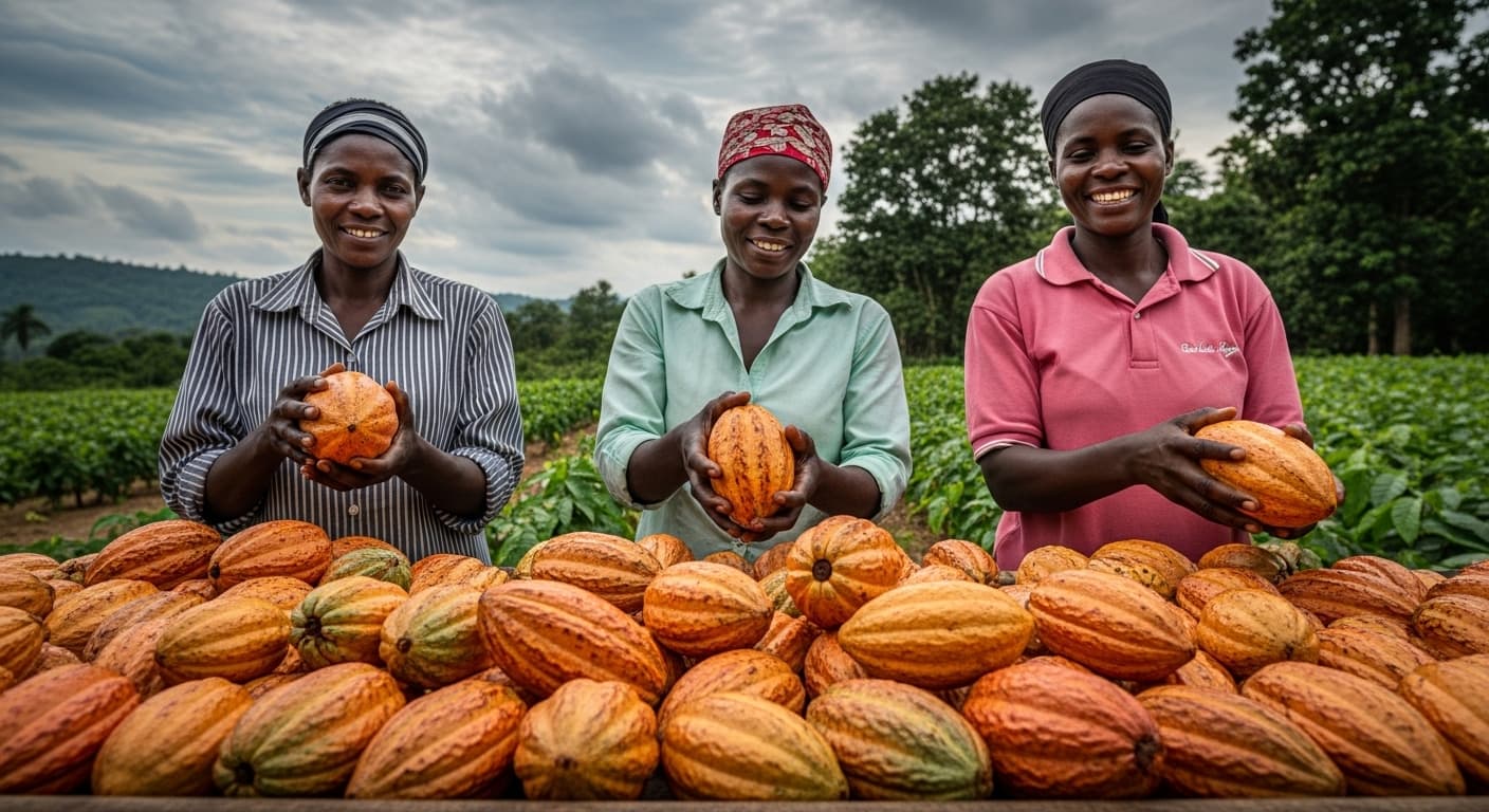 Des producteurs de cacao ghanéens récoltant des cabosses de cacao mûres (image générée par IA)