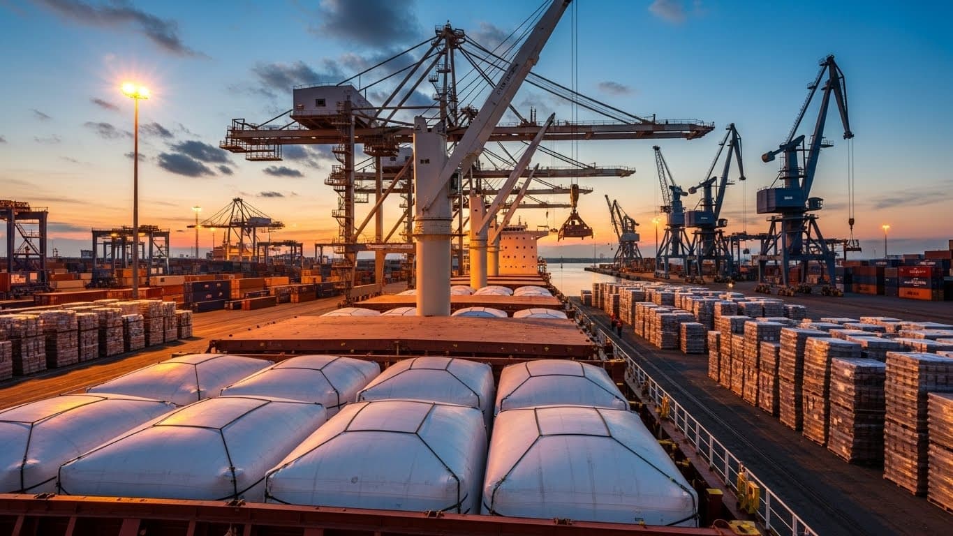 粗大豆油のフレキシタンクを写した港湾シーンの画像（AI生成画像）。