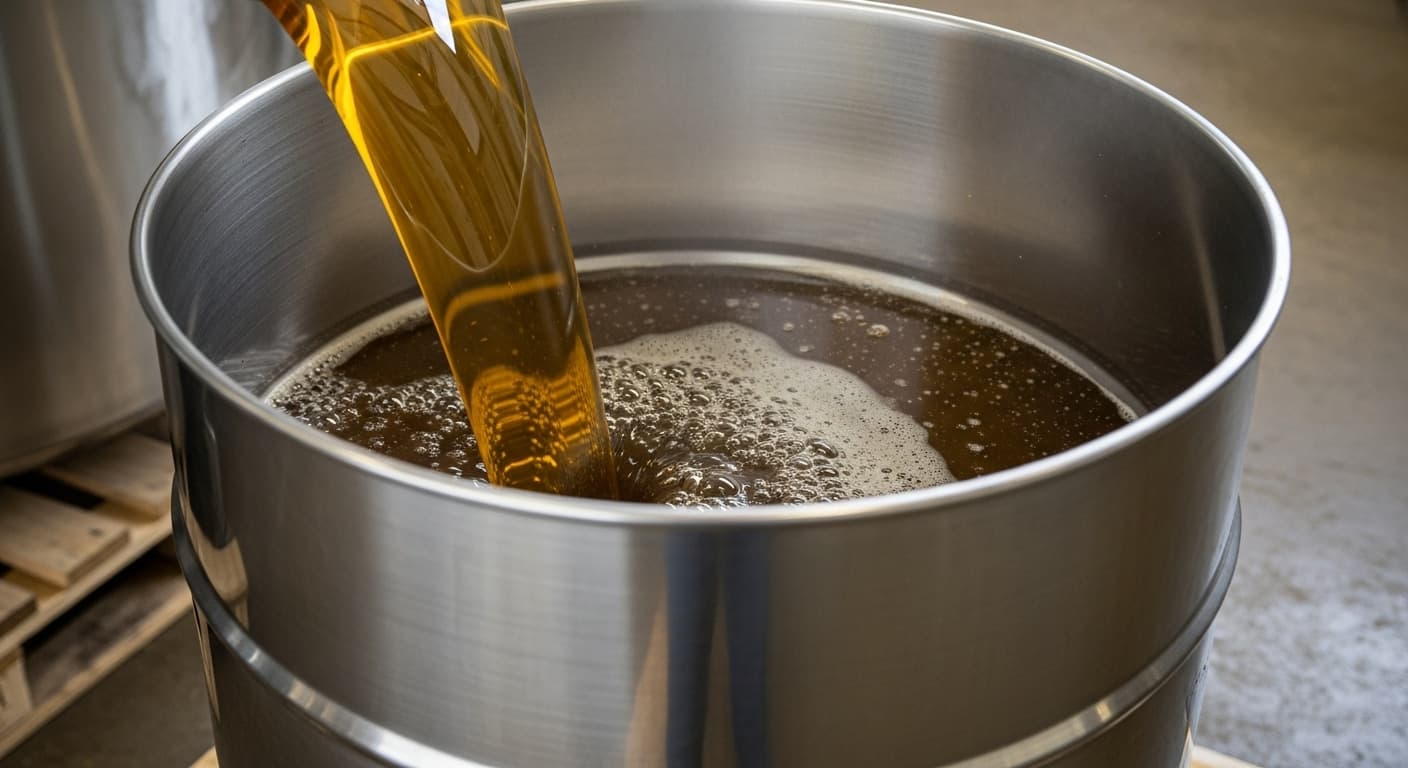 Dầu hướng dương thô đang được đổ vào thùng thép không gỉ (hình ảnh do AI tạo ra)