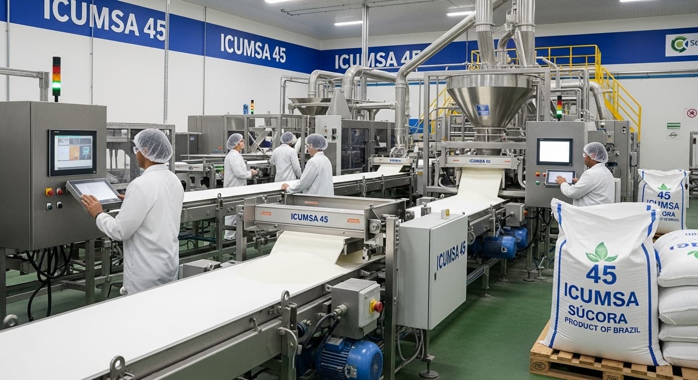 Ligne de production de sucre ICUMSA 45 au Brésil (image générée par IA).