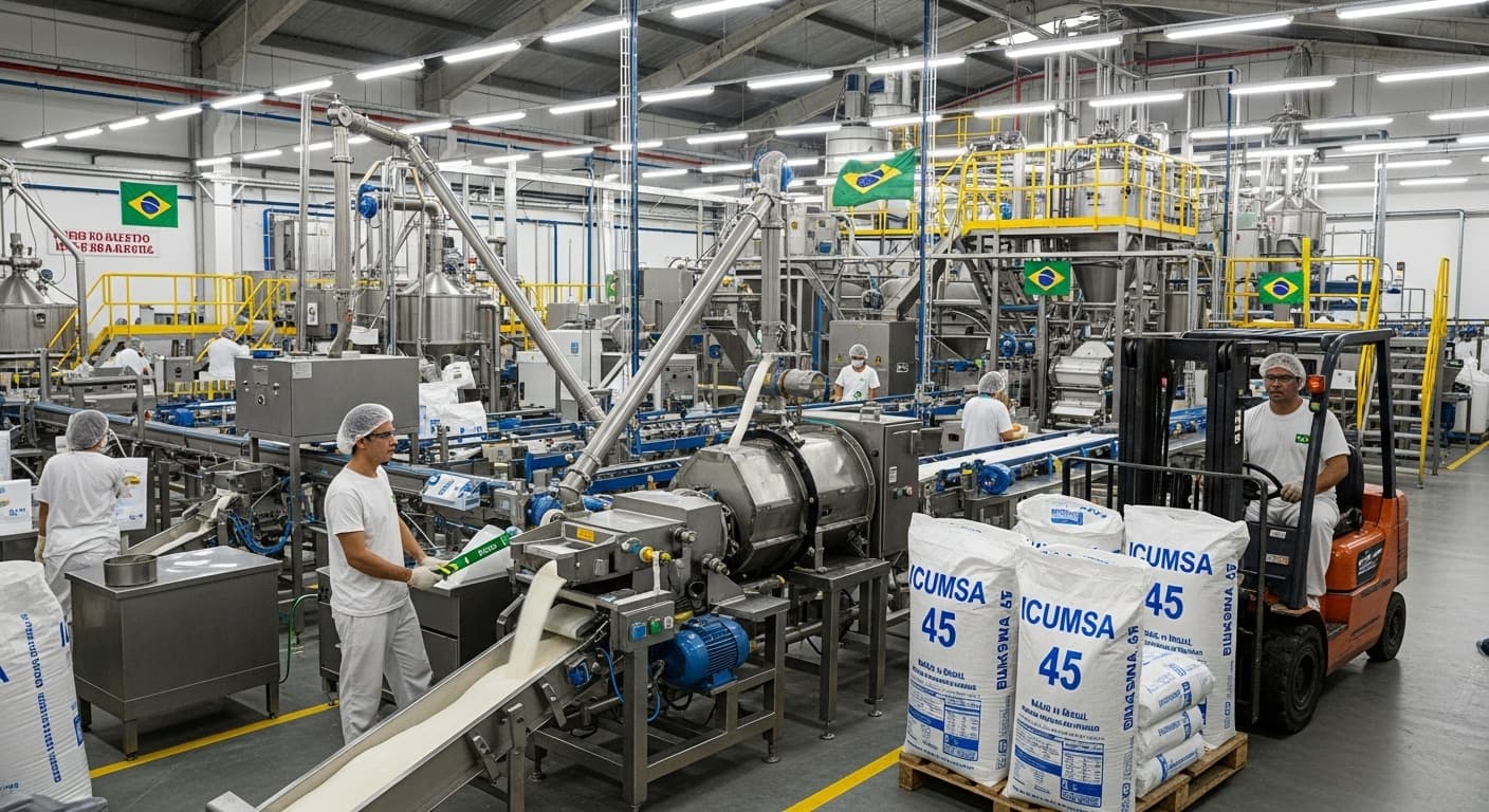 Línea de producción de azúcar ICUMSA 45 en Brasil (imagen generada por IA).