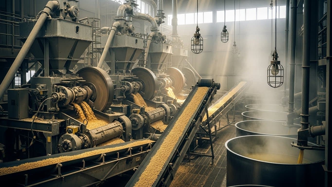 Máy nghiền đậu nành cơ học đang hoạt động, với băng chuyền vận chuyển đậu nành và các bồn chiết xuất dầu (hình ảnh được tạo bởi AI)