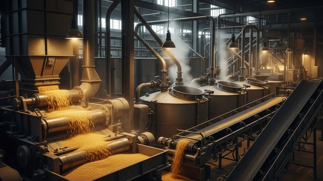 稼働中の機械式大豆クラッシャー。大豆を運ぶコンベヤーベルトと油抽出槽（AI生成画像）。