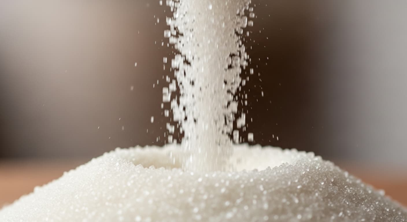 Azúcar de caña blanca refinada vertiéndose lentamente (imagen generada por IA)