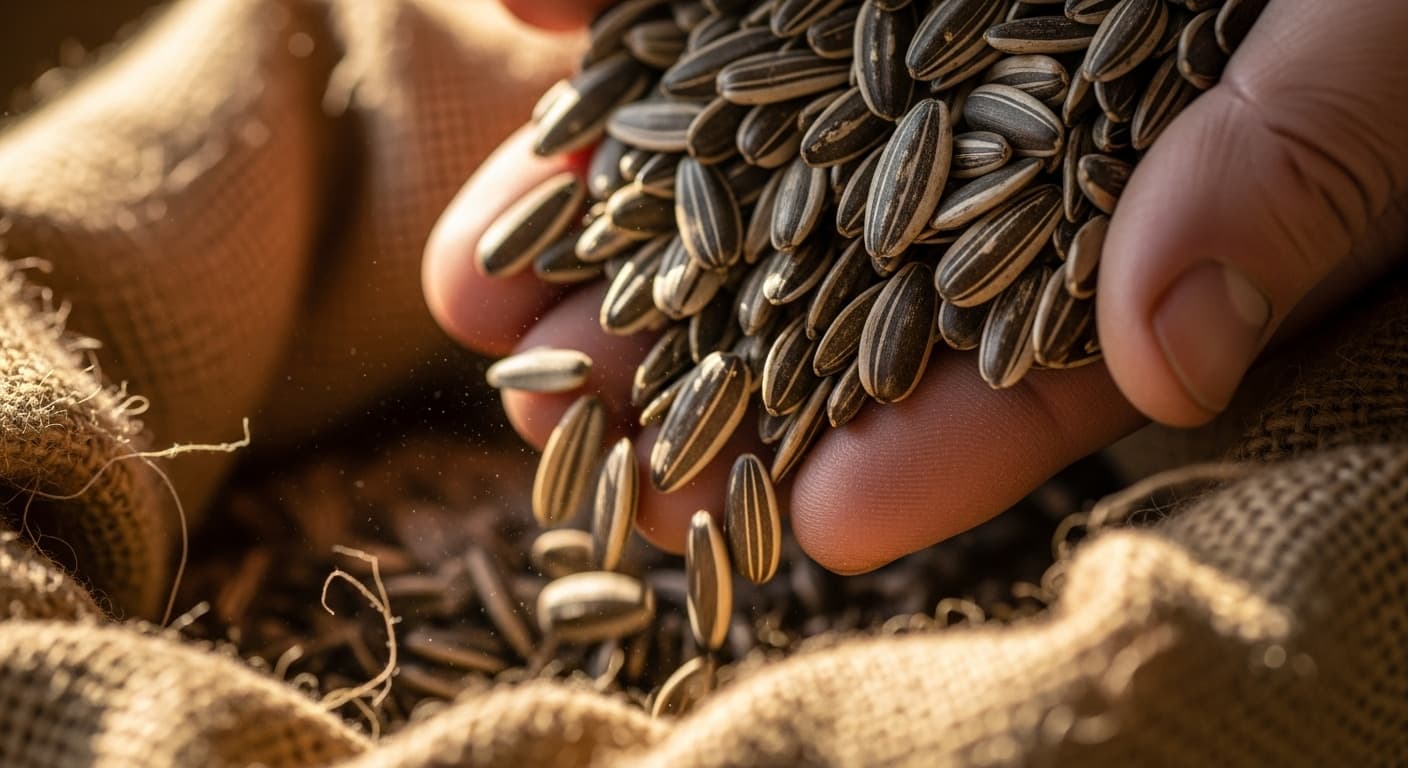 Primo piano macro di semi di girasole che cadono dalla mano di un agricoltore in un sacco di juta (immagine generata dall’IA)