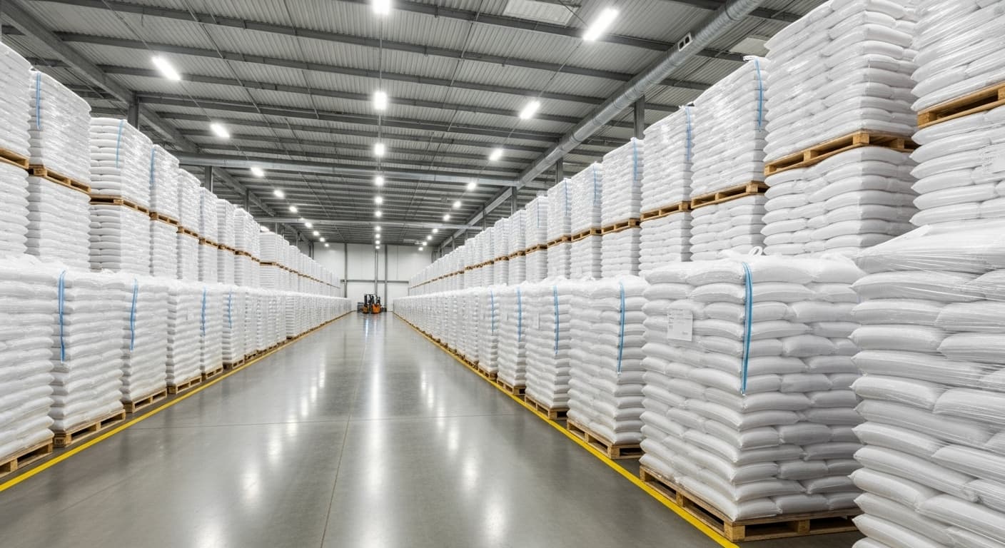 A modern warehouse storing bulk refined sugar, with organized pallets (AI-generated image).