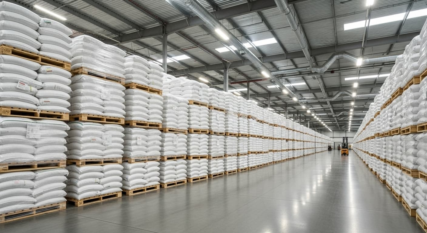 Entrepôt moderne stockant du sucre raffiné en vrac, avec des palettes organisées (image générée par IA).