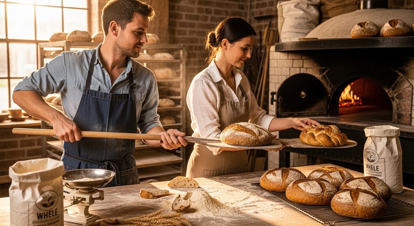 Bakers pulling fresh bread from an oven, with wheat flour on their hands and the counter (AI-generated image)