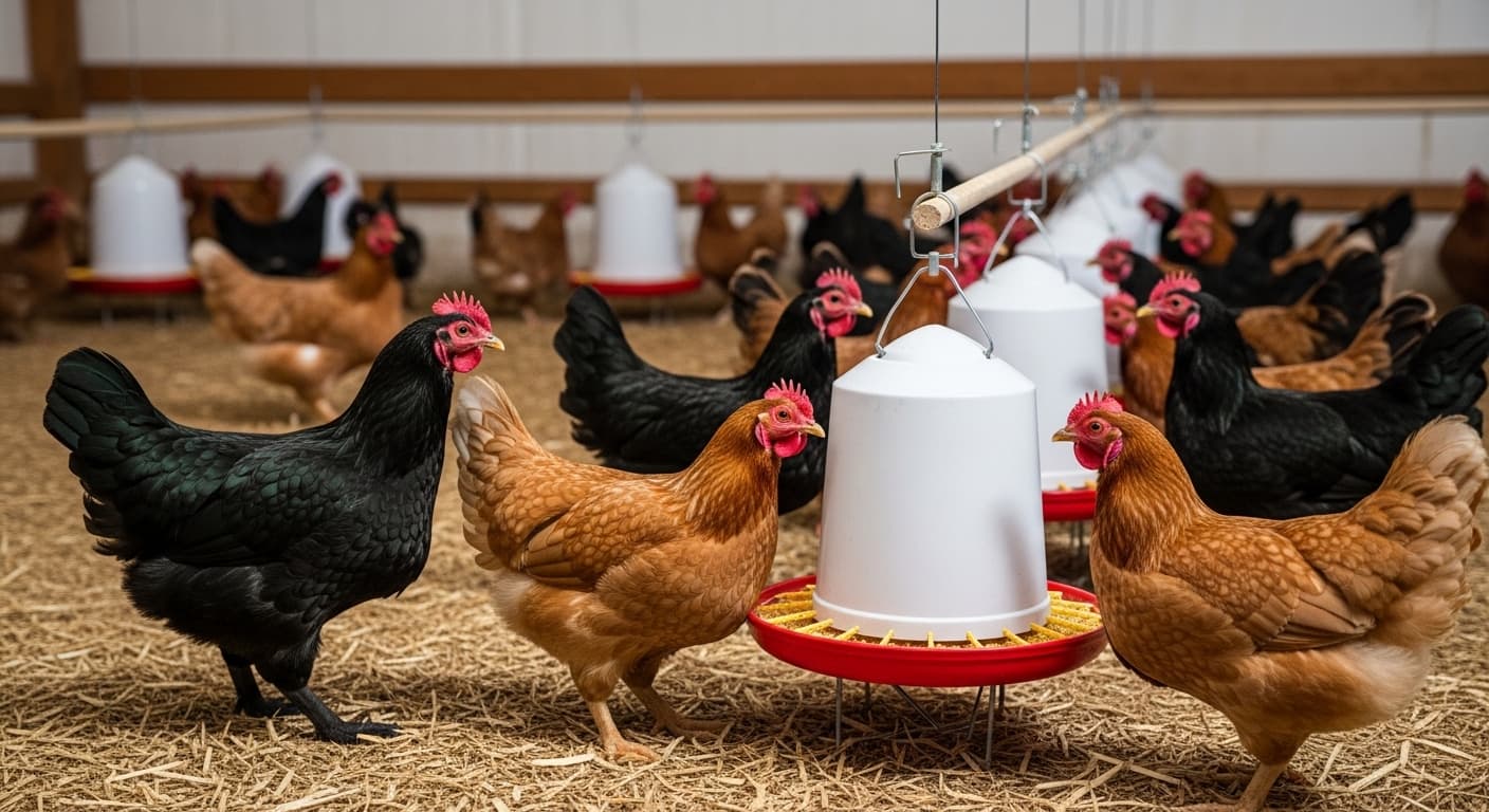 دجاج يتغذى داخل حظيرة مغلقة (صورة مولّدة بالذكاء الاصطناعي).