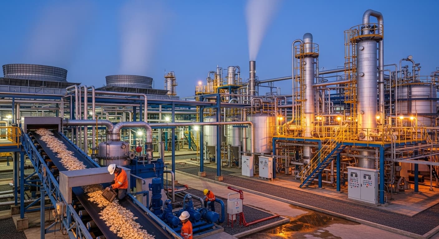 Ethanol plant in operation using cassava chips as feedstock (AI-generated image)