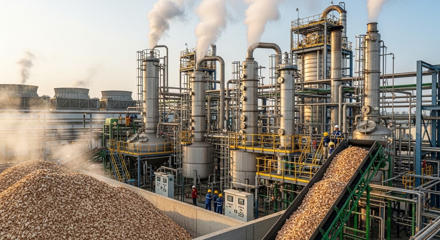 카사바 칩을 원료로 사용하는 가동 중인 에탄올 공장 (AI 생성 이미지)