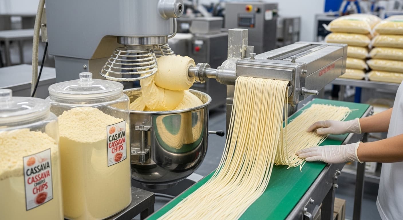 카사바 칩을 재료로 사용한 글루텐 프리 면 생산 (AI 생성 이미지)