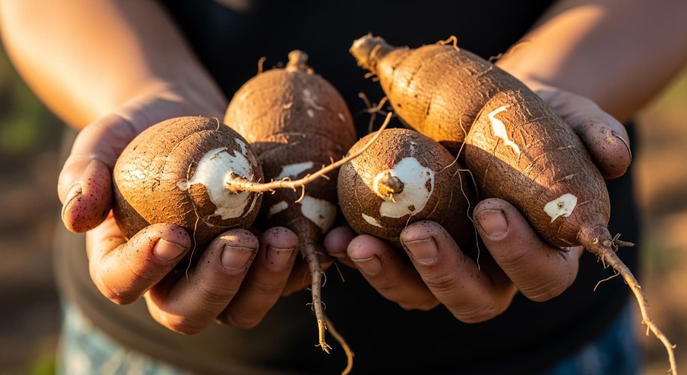 新鮮なキャッサバの塊根を手に持つ女性小規模農家の手元のクローズアップ（AI生成画像）