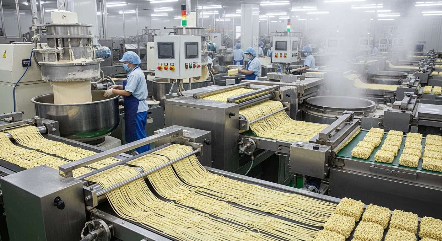 Produzione di noodles istantanei asiatici a base di grano (immagine generata dall'IA)