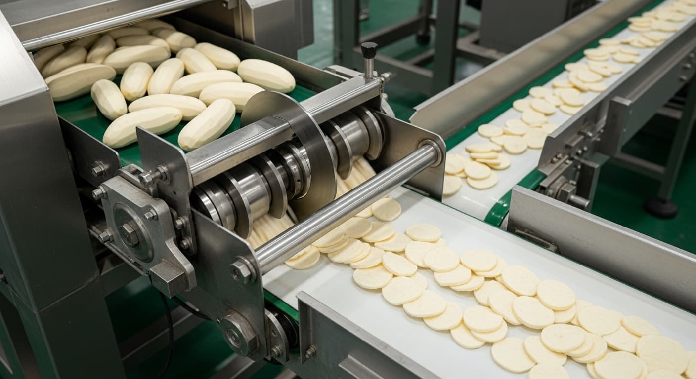 카사바 슬라이싱 기계 라인이 껍질을 벗긴 카사바 뿌리를 둥근 슬라이스로 자릅니다 (AI 생성 이미지)