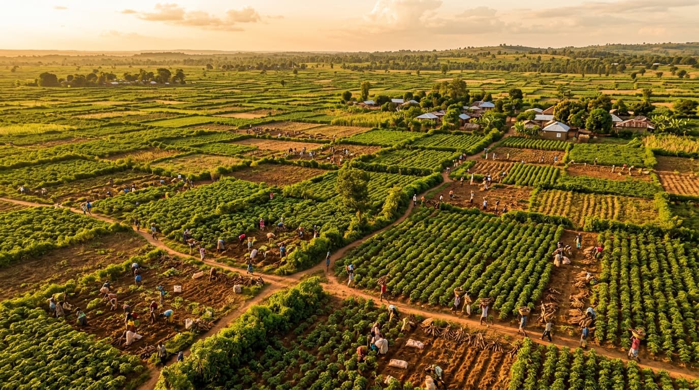 Vista aérea de vastos campos de yuca en época de cosecha, con pequeños agricultores cargando tubérculos (imagen generada por IA)