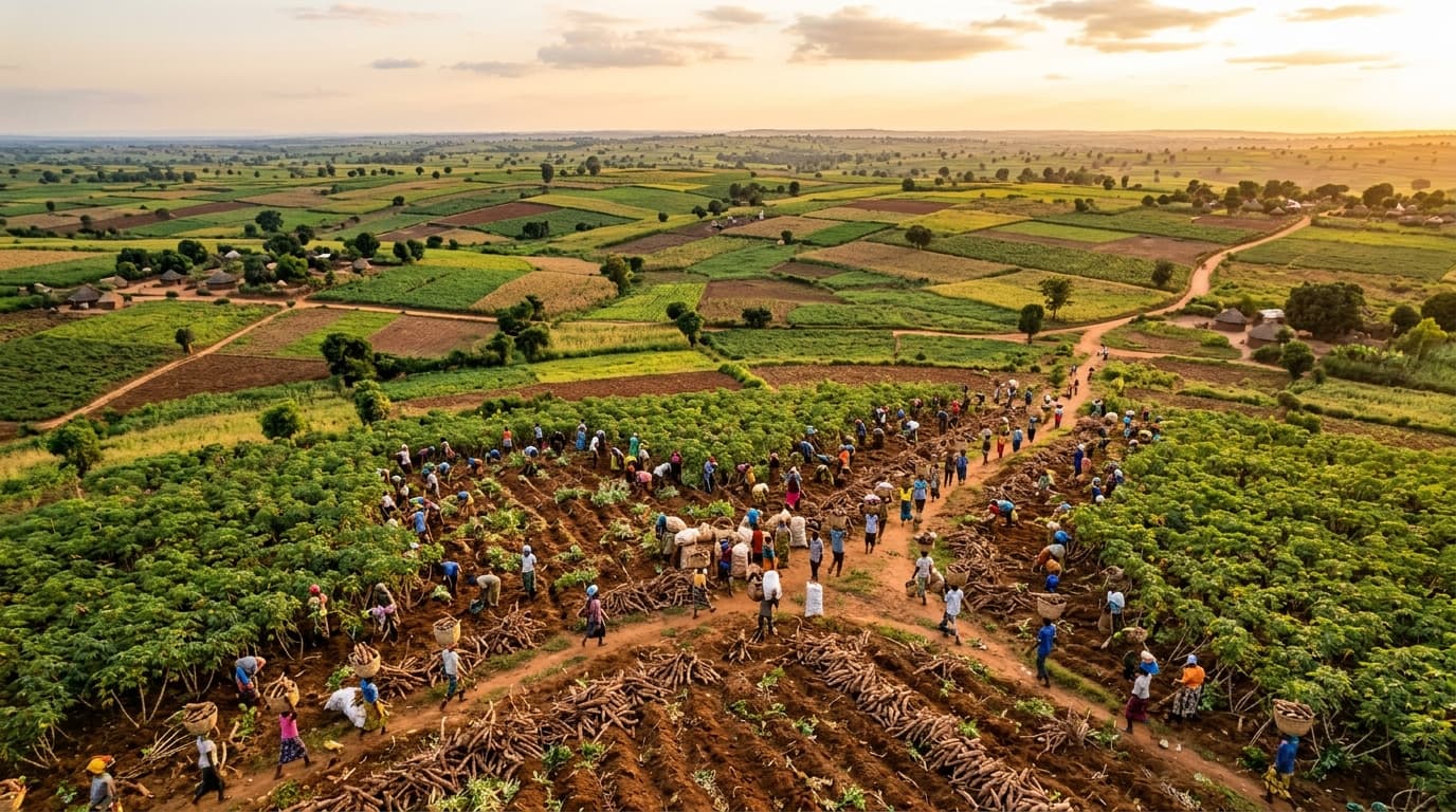 广阔木薯田收获季的航拍视角，小农户扛着块茎（AI 生成的图像）
