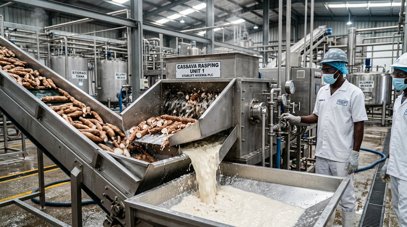 在尼日利亚一座现代化加工工厂内进行的木薯淀粉生产。新鲜木薯根通过不锈钢输送带进入一台强大的刨碎/粉碎机，机器配有旋转刀片，可将木薯根细致磨碎。湿润的木薯浆从刨碎设备流入收集通道，可以看到破碎的木薯纤维和富含淀粉的液体。背景中可见工业级不锈钢设备、管道和加工罐。（AI生成图像）
