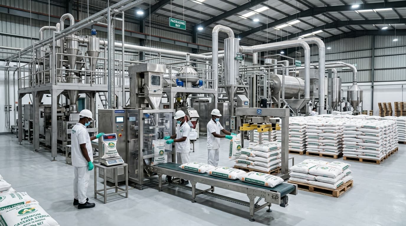 现代木薯淀粉加工厂内部——不锈钢设备，工人检查包装生产线，托盘上堆放着50公斤袋装产品，明亮的工业照明，超洁净环境。地点：尼日利亚。（AI生成图像）