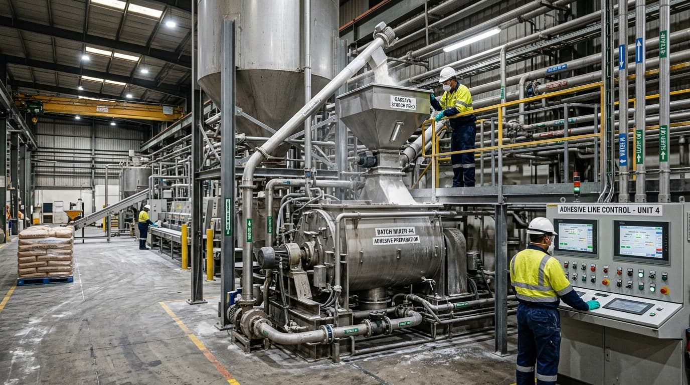 Industrial adhesive or paper manufacturing line where cassava starch is fed into mixers — machinery, pipes, and control panels (AI-generated image)