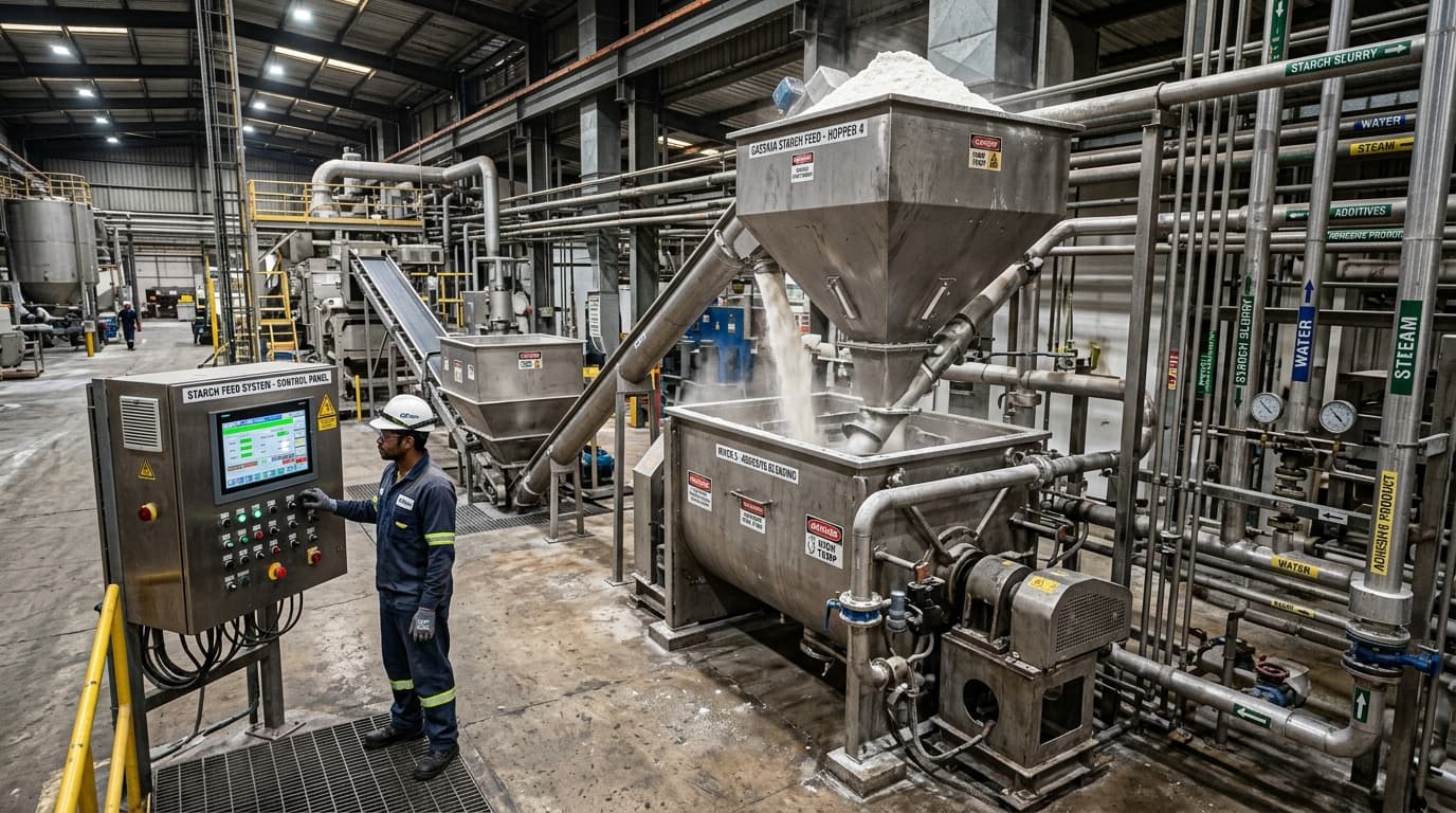 工业粘合剂或造纸生产线，木薯淀粉被输送到混合器中——机械设备、管道和控制面板（AI生成图像）