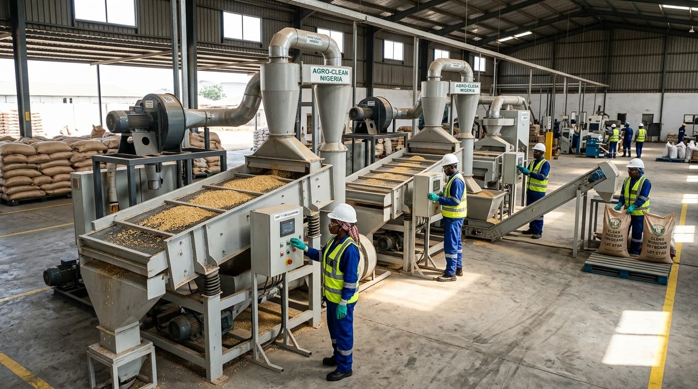 Dây chuyền làm sạch đậu nành tại Nigeria (hình ảnh do AI tạo)