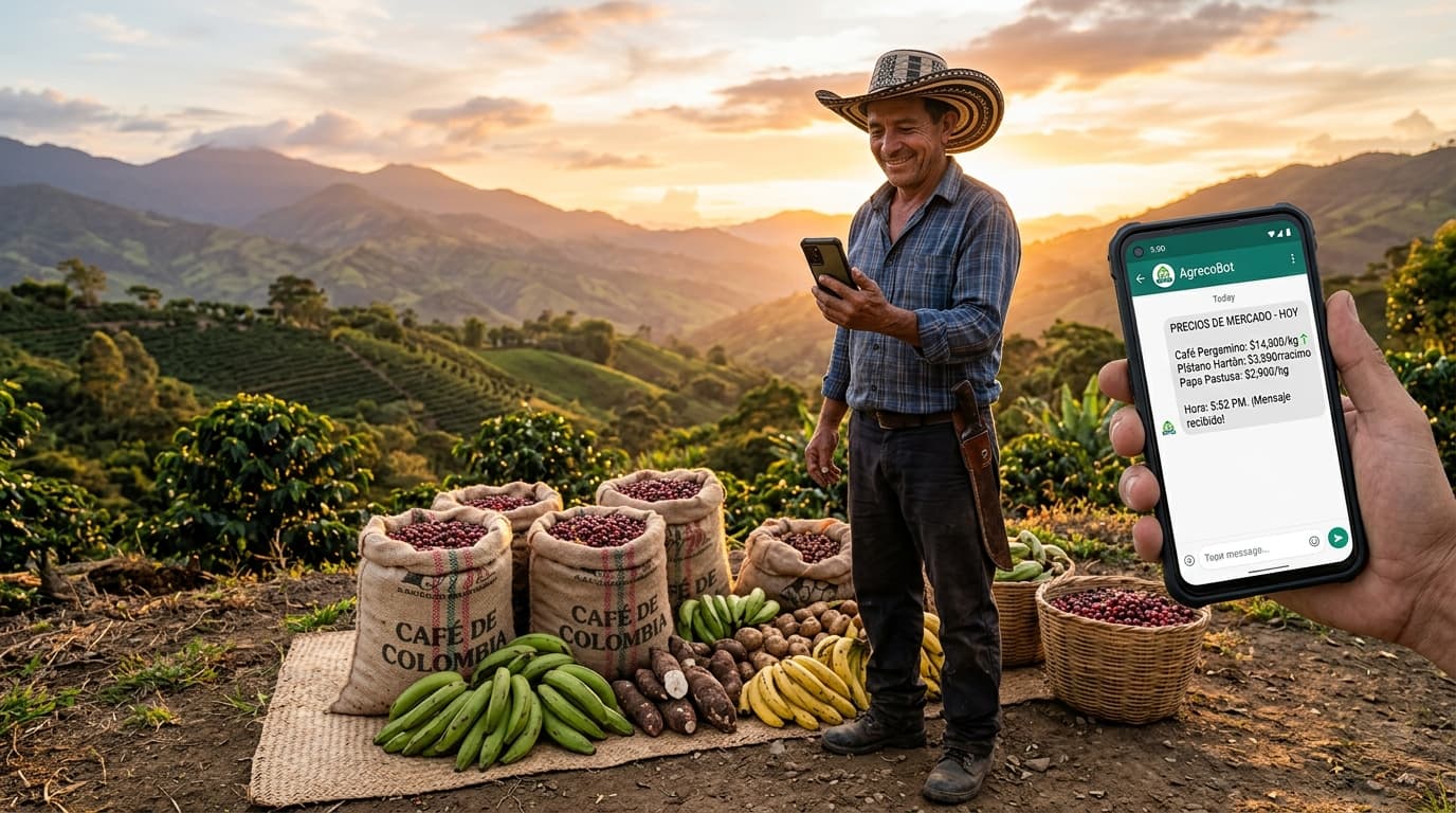 Un agricultor colombiano recibe actualizaciones de precios del mercado a través de un chatbot móvil mientras está de pie junto a los cultivos cosechados (imagen generada por IA).