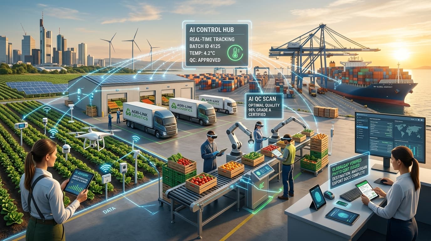 Une scène de chaîne de valeur agricole tournée vers l’avenir, montrant le conseil aux agriculteurs, la logistique, le contrôle qualité et la documentation d’exportation reliés par l’IA (image générée par IA).