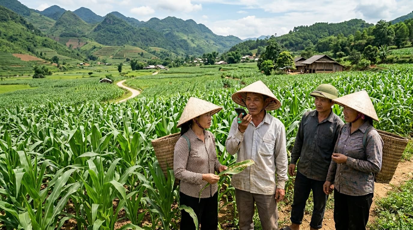 Des agriculteurs vietnamiens dans un champ de maïs apprennent la gestion des ravageurs grâce à un chatbot vocal sur un smartphone basique (image générée par IA).