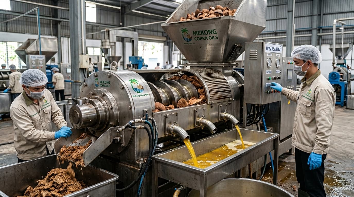 Verarbeitung von Kopra zur Gewinnung von Kokosöl mit einer mechanischen Expellerpresse in Vietnam (KI-generiertes Bild).