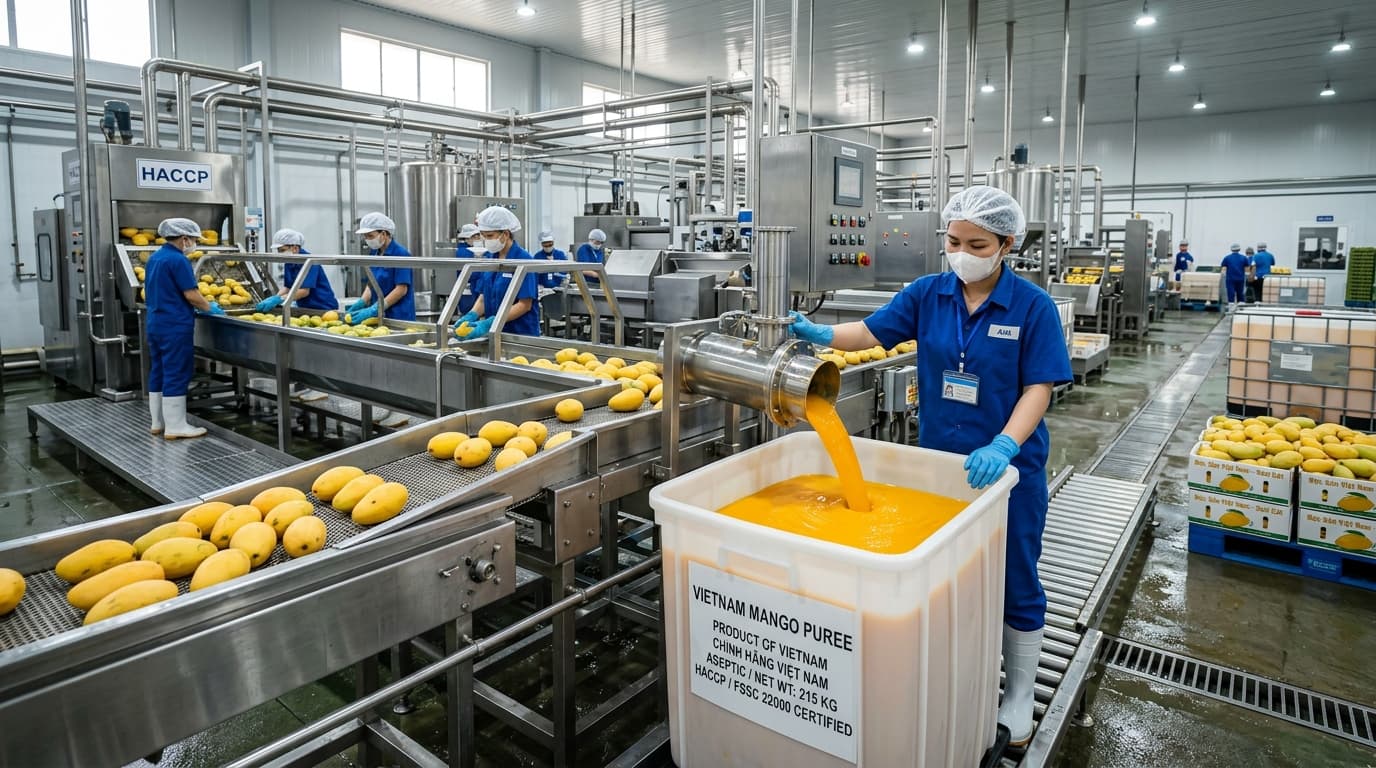 Vietnam mango püresi üretim hattı (yapay zeka tarafından oluşturulmuş görsel).