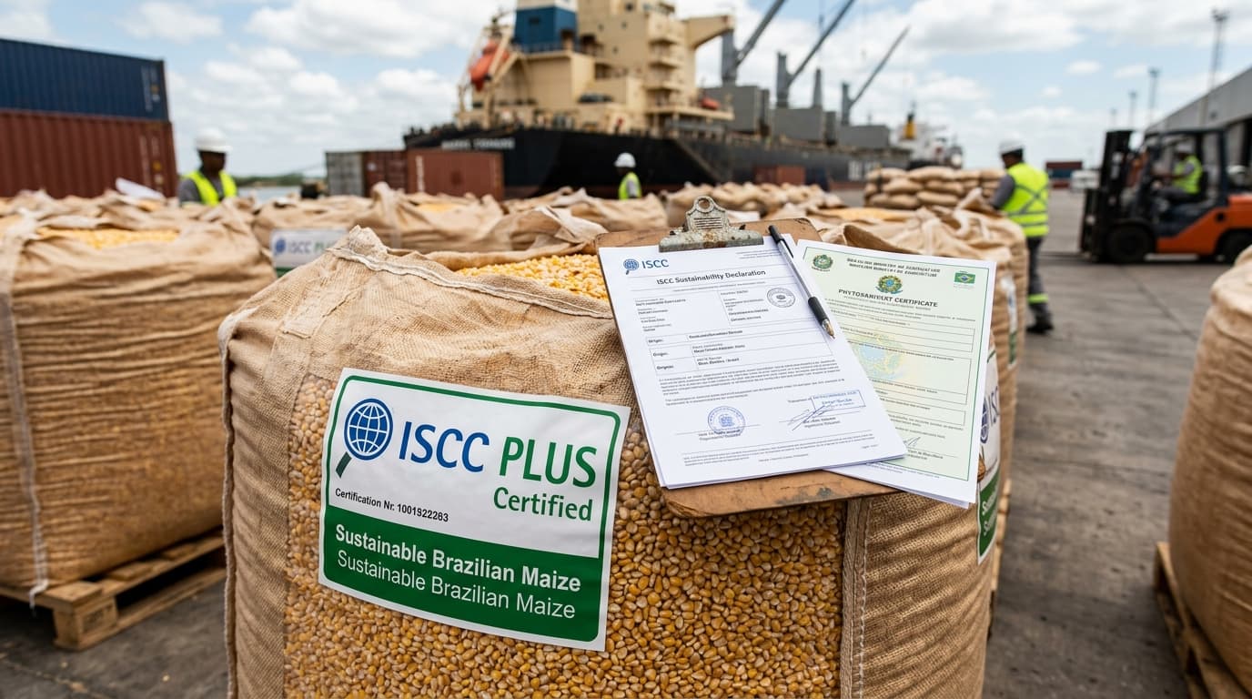 An ISCC certification badge on a Brazilian maize shipment (AI-generated image)