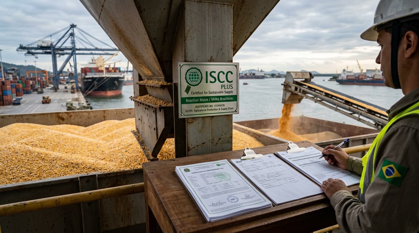 巴西玉米货运上的 ISCC 认证标志（AI 生成图片）