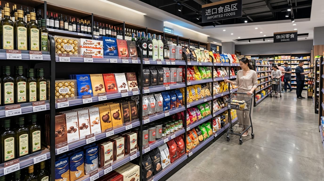 Cena do mercado de importação chinês, com produtos alimentícios embalados em exposição (imagem gerada por IA).